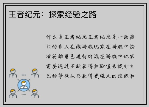 王者纪元：探索经验之路